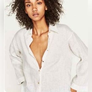 Zara Long Sleeve White Linen Shirt Top Gold Button